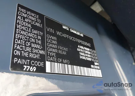 2019 Mercedes-Benz Sprinter 2500 Standard Roof V6 из США, поврежденный, VIN WD4PF0CD7KP033542